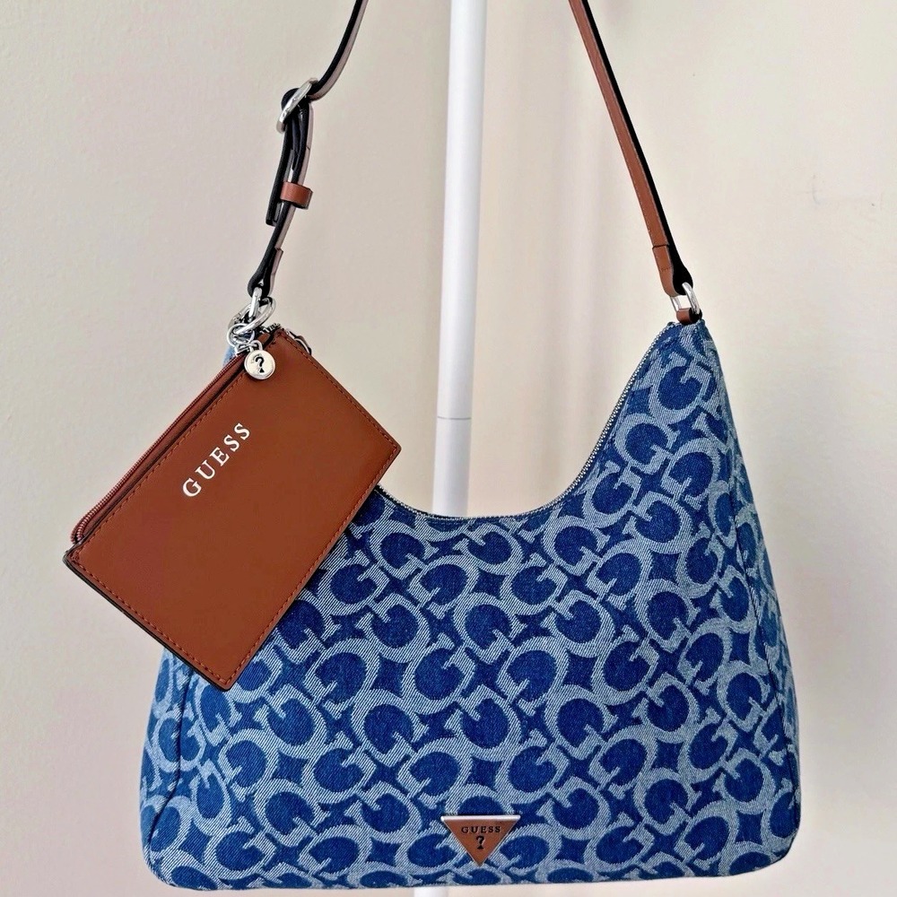 Guess Hobo Shoulder Bag Denim Blue Print Satchel Wells W/ Small Zip Card Pouch